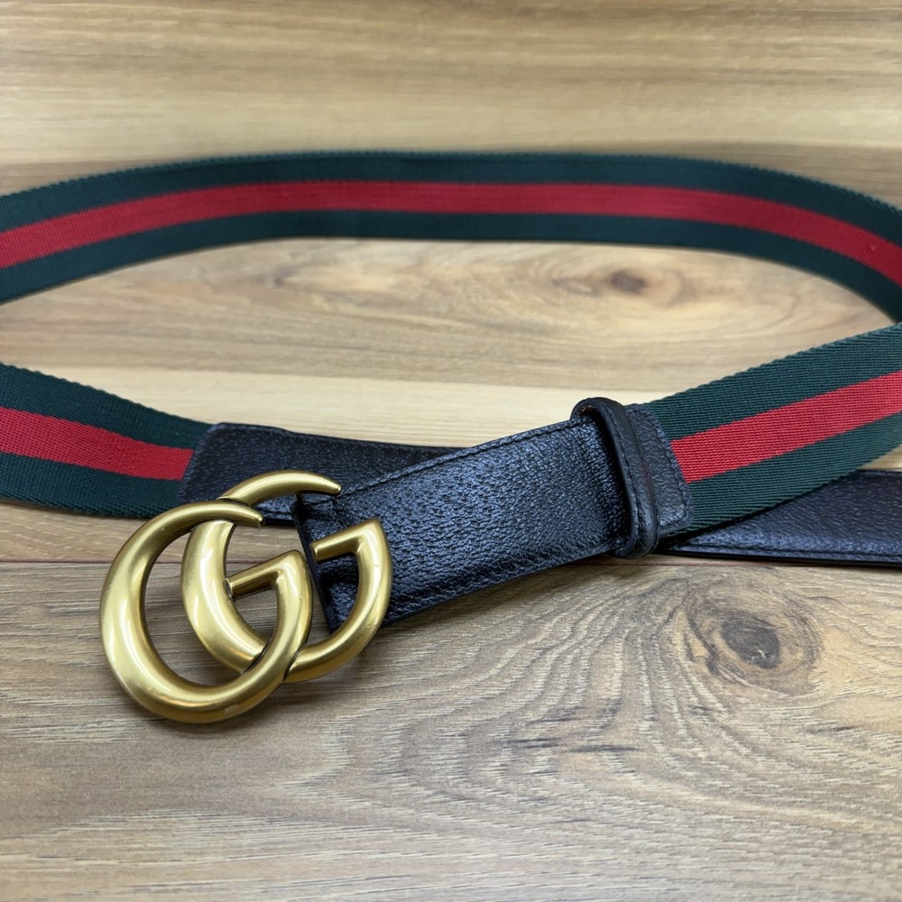 GUCCI GG Web Belt Stripe Mens 44/110 Red Green Black Leather Formal Business